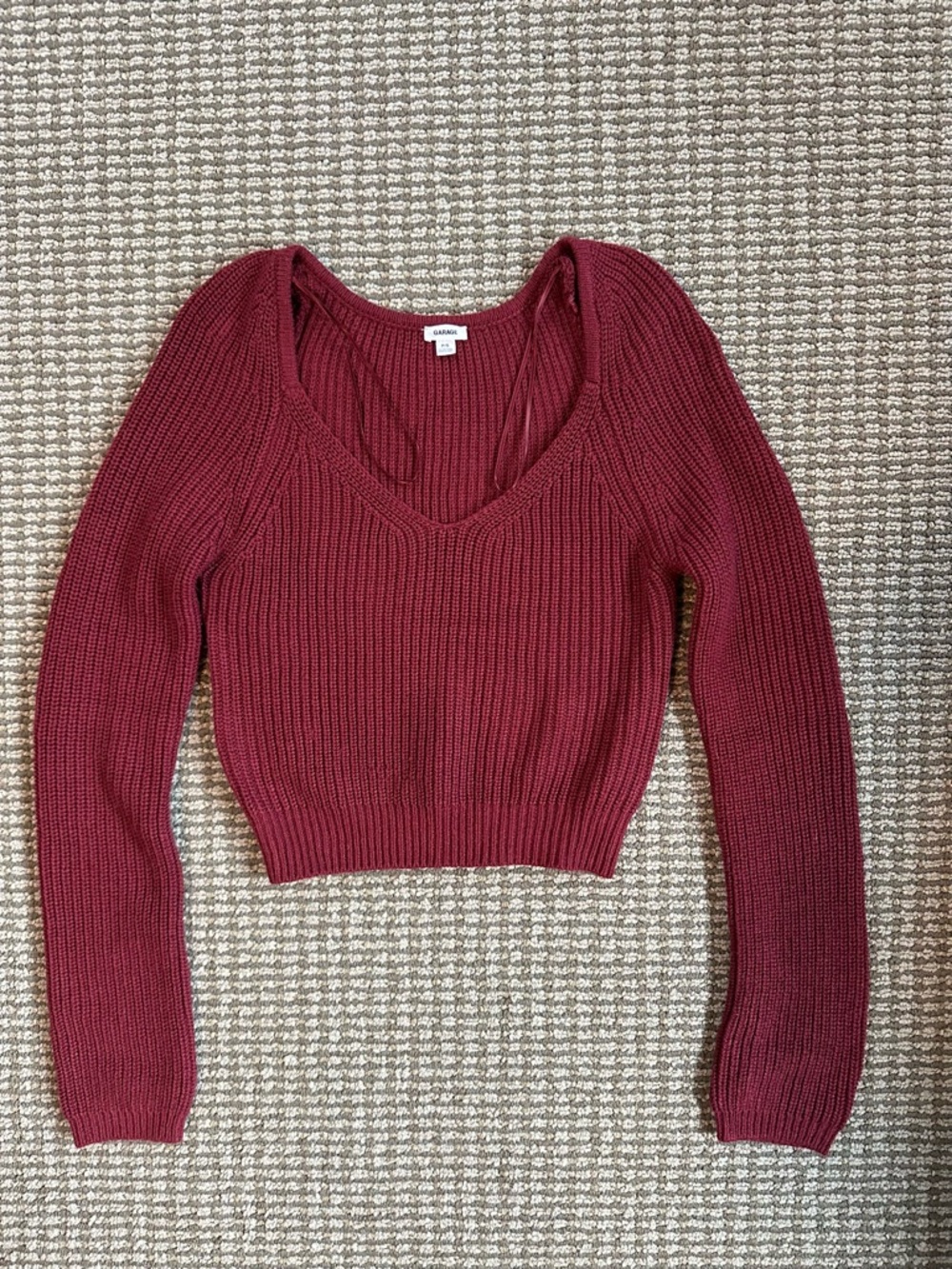 Garage Burgundy V-Neck Cropped Sweater